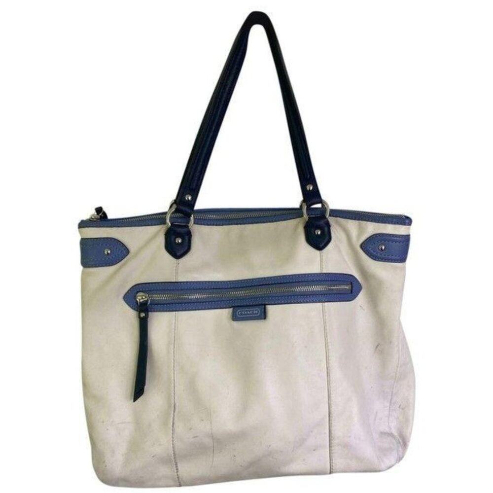 COACH XL White Blue Leather Shopping Tote Bag